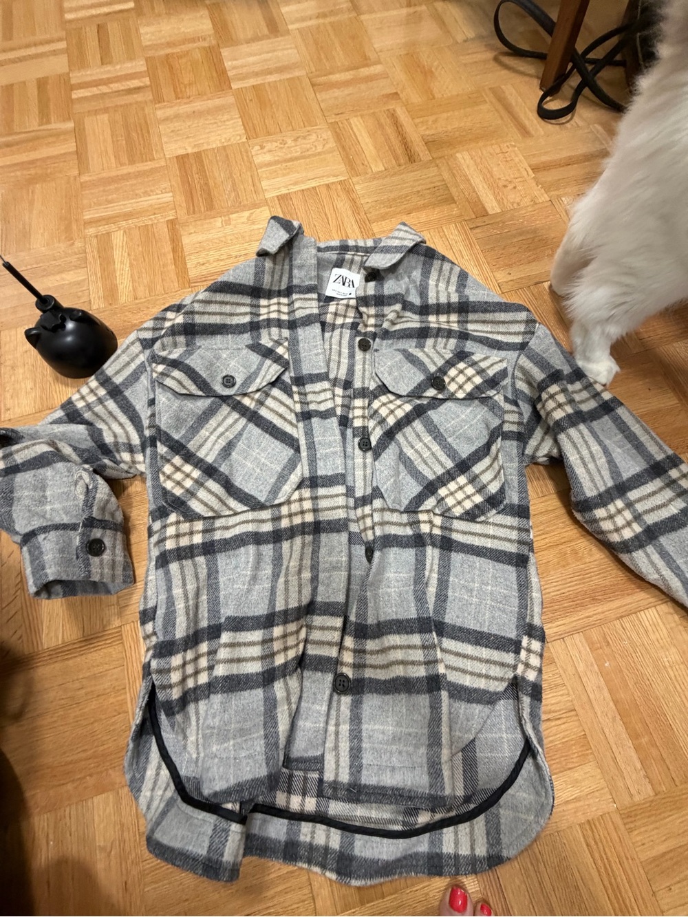 Zara Grey and Cream Plaid Button-Up Shirt Jacket